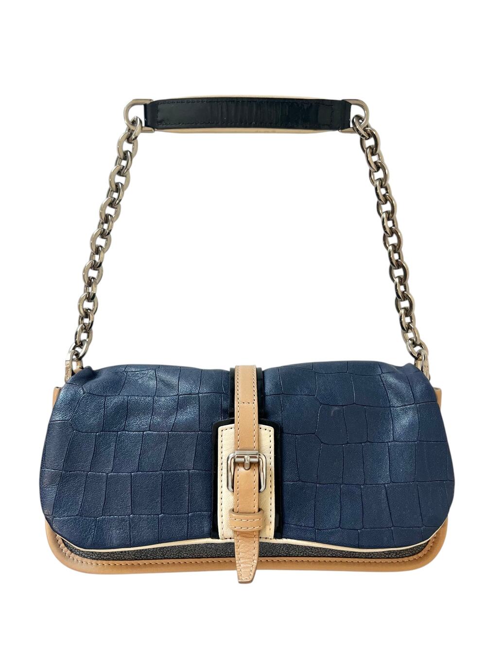 Longchamp More Is More Blue Croc Stingray Leather Chain Flap Shoulder Bag